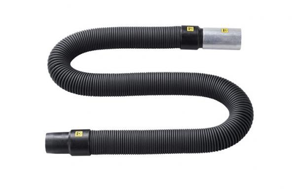 The image displays a flexible, slotted hose that coils in gentle waves. It features different connectors on each end: one gray and one black with yellow markings.
