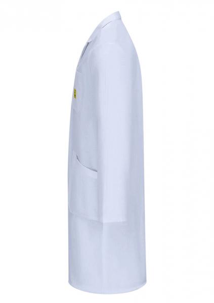 The image shows a white lab coat presented from the side. The coat has long sleeves and a chest pocket. It appears simple and professional, ideal for medical or scientific professions.