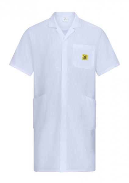 The image shows a white coat with short sleeves. The coat features a collar, a chest pocket, and two large pockets on the front. A yellow logo is located on the chest pocket.