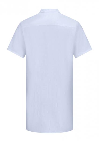 The image displays a light blue, short-sleeved shirt from the back. It features a classic collar and a straight cut. The fabric appears light and delicate.
