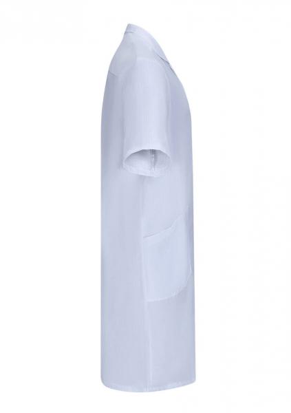 The image shows a white coat with short sleeves and a classic collar. It has a side pocket and features a simple, smooth design.
