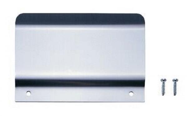 The image displays a flat, rectangular metal piece with rounded corners. It has a shiny surface and two holes for mounting. Next to it are two silver screws.