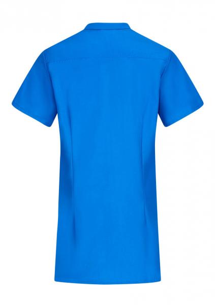 Das Bild zeigt ein schlichtes, einfarbiges, kurzes T-Shirt in leuchtendem Blau. Es hat einen standardmäßigen Kragen und kurze Ärmel. Die Rückseite ist ohne Aufdruck und glatt.