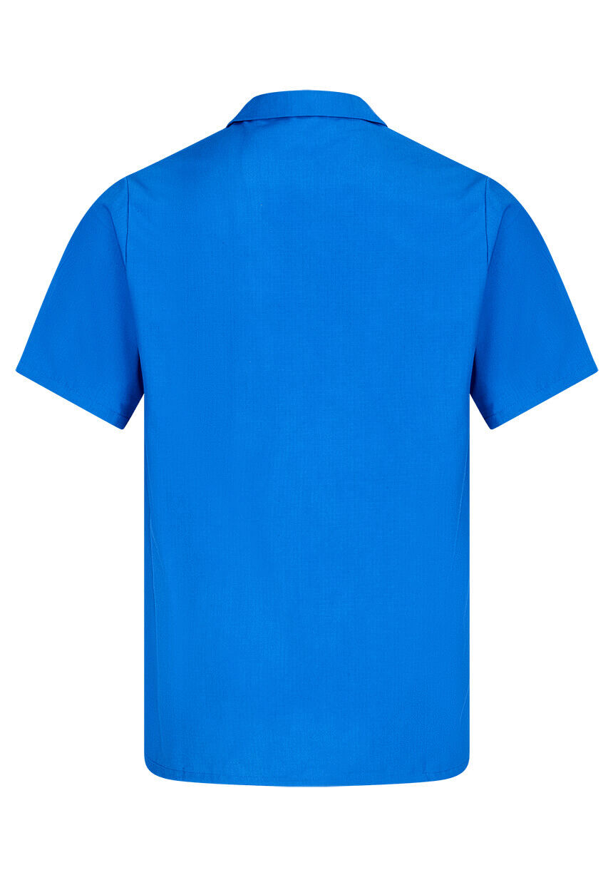 The image displays a short, solid-colored t-shirt in vivid blue. It features a classic collar and short sleeves. The fabric appears smooth and lightweight.