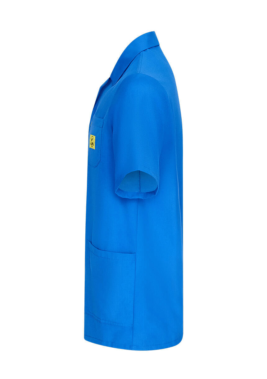 The image shows a simple, knee-length top in bright blue. It has short sleeves and a chest pocket. A yellow label is visible on the left side.