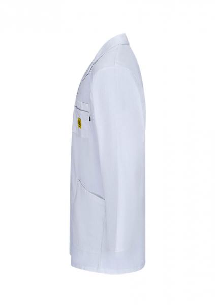 The image shows a white fabric coat depicted from the side. It features a large, open collar, long sleeves, and a chest pocket. The coat appears professional and simple.