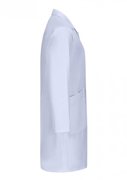 The image depicts a white coat in profile. It has long sleeves, a collar, and a side pocket. The fabric appears smooth and lightweight. The coat extends to mid-thigh.