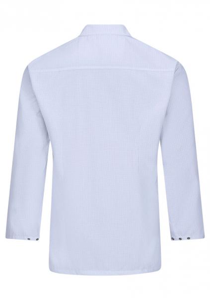Das Bild zeigt die Rückansicht eines hellblauen Hemdes mit langen Ärmeln. Es hat einen klassischen Kragen und knöpfbare Manschetten. Der Stoff wirkt leicht und schlicht.