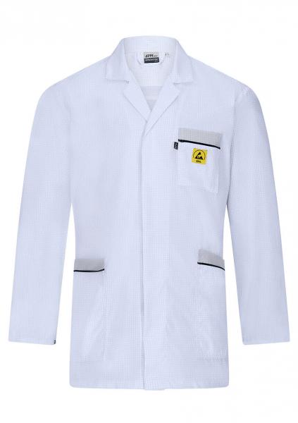 The image shows a white lab coat with long sleeves. It features a simple collar, a small chest pocket with a yellow logo, and two side pockets with gray accents.