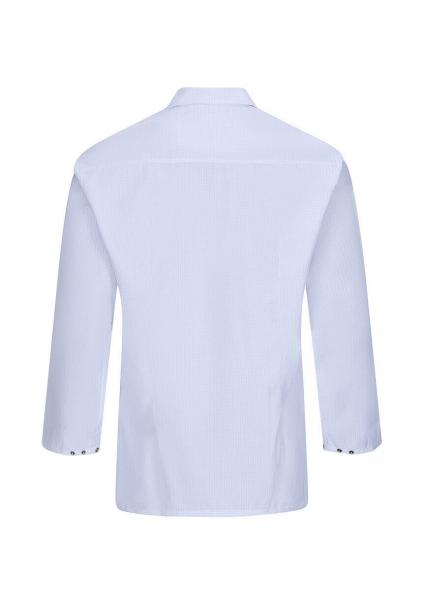 The image displays a light blue shirt with long sleeves and a classic collar. The back is plain, without any patterns or embellishments, featuring a continuous seam along the center.