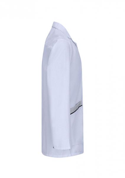The image shows a white coat with a simple, classic design. It has long sleeves and a stand-up collar. There is a black line or seam on the front.