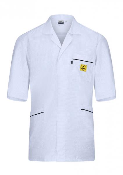 Das Bild zeigt einen weißen Arbeitskittel mit kurzen Ärmeln. Er hat eine durchgehende Front, zwei Taschen und ein gelbes Emblem auf der linken Seite. Die Nähte sind schwarz.