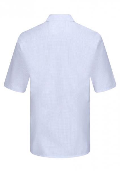 The image displays the back of a short-sleeved, light blue shirt made from a lightweight fabric. The collar is stiff and the seams are inconspicuous. It appears simple and modern.