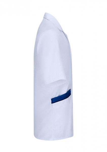 The image shows a white coat with short sleeves. It features a mandarin collar and a side pocket in blue. The coat appears formal and medical.