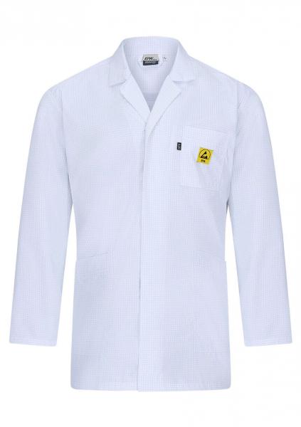 The image shows a white lab coat with long sleeves. It features a small lapel collar and a chest pocket. There is a yellow logo on the pocket. The coat is simple and functional.