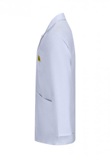 The image shows a white lab coat with long sleeves, a collar, and a chest pocket. The coat has a smooth texture and looks professional. A yellow logo is visible.