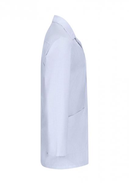 The image shows a white coat made of light, textured fabric. It has a collar, long sleeves, and a patch pocket on the left side. The coat is simple and practical.