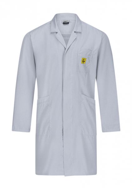 The image shows a light gray lab coat with long sleeves. It has a chest pocket and two side pockets. On the left side, there is a yellow symbol, possibly a warning sign.