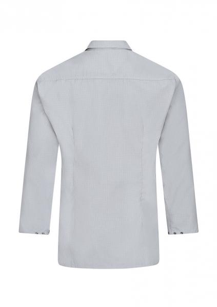 The image shows a light blue shirt with long sleeves. The back is plain, featuring a classic collar and buttons on the sleeves. It appears elegant and modern.