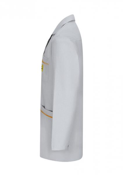 The image shows a gray lab coat displayed from the side. The coat has long sleeves and a chest pocket with a yellow patch. There is an orange line along the hem.