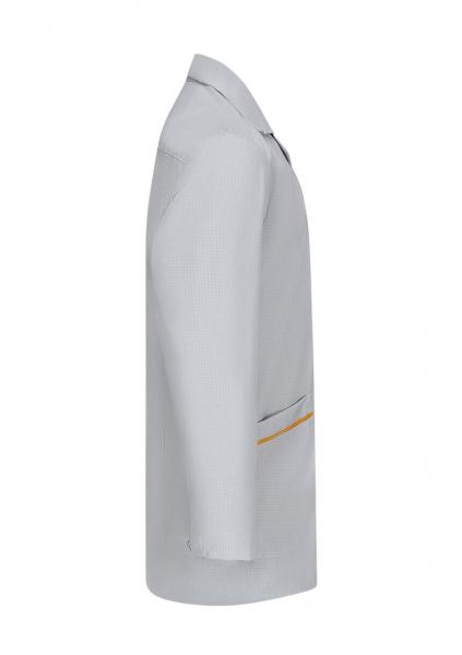 The image shows a gray blazer or jacket. It has a classic cut with a lapel collar and a pocket that is adorned with a yellow line.