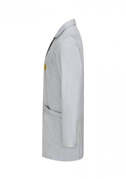 The image shows a gray lab coat depicted from the side. It has a lapel collar, long sleeves, and a chest pocket with a yellow patch.