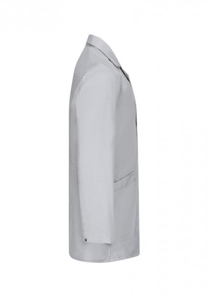 The image shows a gray blazer from the side. It has long sleeves, a classic cut, and a chest pocket. The surface appears smooth and the fabric looks slightly textured.