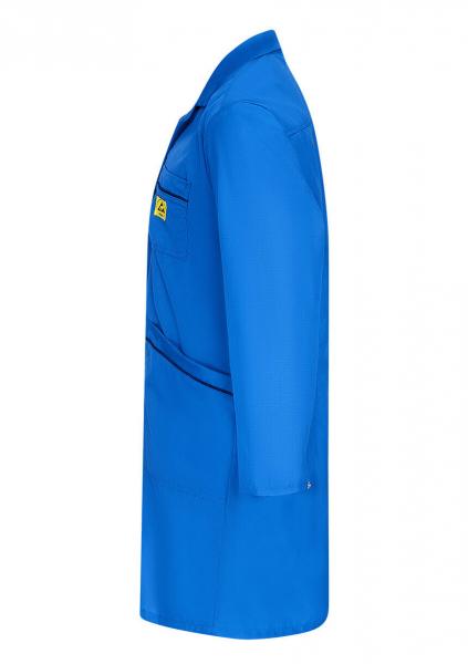 The image shows a blue coat depicted from the side. The coat has long sleeves and a chest pocket. It appears simple and professional.