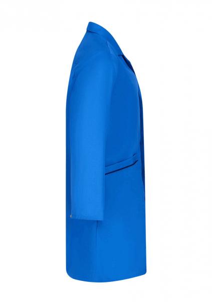 The image shows a blue coat from the side view. It has long sleeves and a clear, fashionable silhouette without any conspicuous embellishments or patterns.