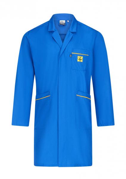 The picture shows a blue coat with long sleeves. The coat features a chest pocket and two side pockets. Yellow accents can be found on the edges and the pocket.