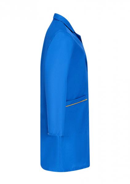 The image displays a simple blue coat from the side. It features long sleeves and an open front. A yellow decorative stitch runs along the pocket.