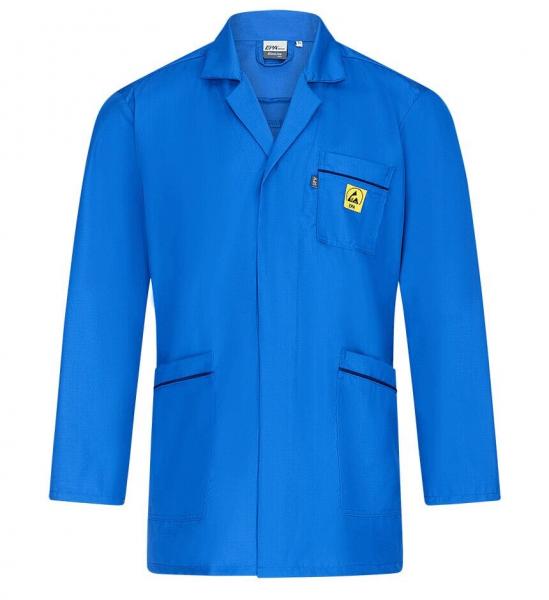 The image displays a brightly blue work coat with long sleeves. It features a collar, two large front pockets, and a chest pocket with a yellow logo. The coat appears sturdy and functional.