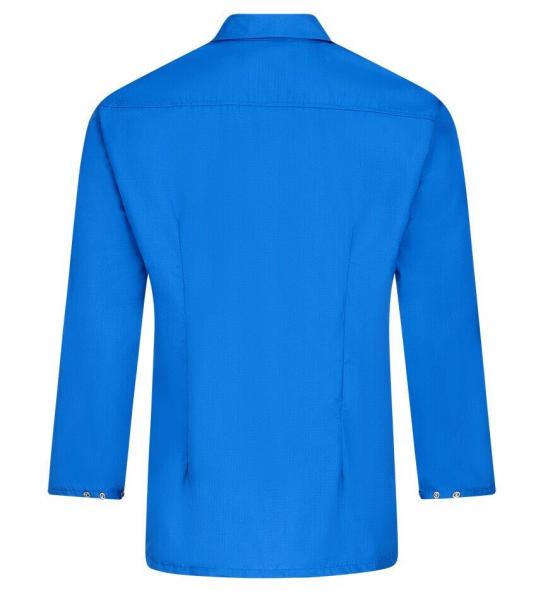 The image displays the back of a blue shirt with a classic collar. The sleeves are long and feature a button detail at the ends. The surface appears smooth and plain.