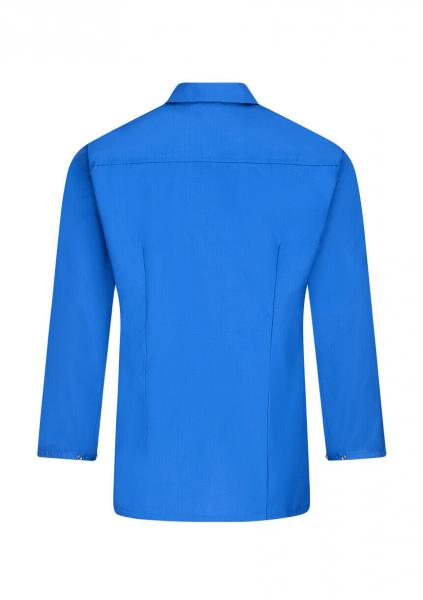 The image shows a blue-colored jacket from the back. It has a collar, long sleeves, and a simple, straight shape with no additional details. The background is solid-colored.