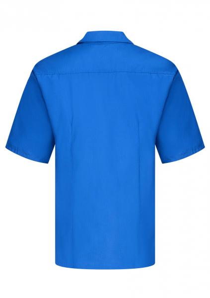 The picture shows a simple, short-sleeved shirt in bold blue. It features a classic collar and is smooth at the back without any print or embellishment.