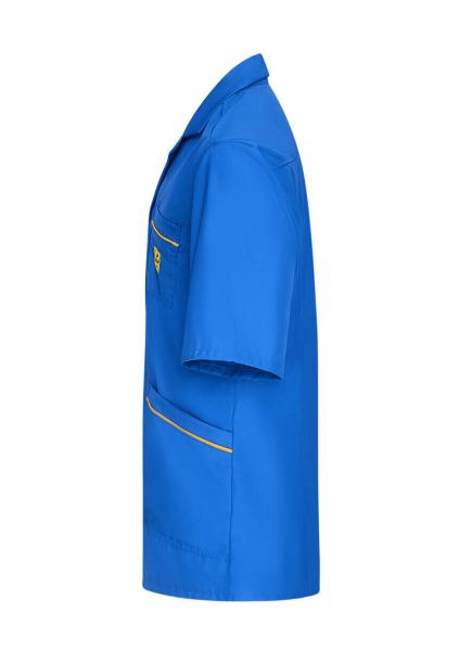 The image shows a light blue polo shirt with short sleeves. It features a comfortable fit and minimalist design elements, including a chest pocket and a yellow seam.