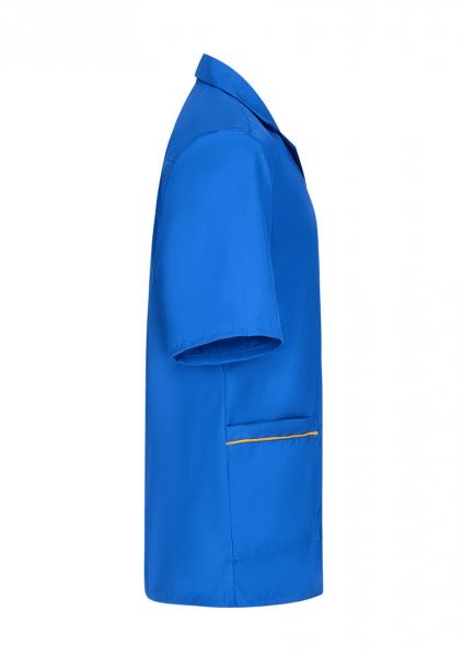 The image shows a blue short-sleeve shirt with a simple, elegant cut. It features a collar-like neckline and a side pocket with a golden zipper.