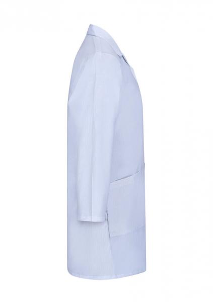 The image displays a white lab coat shown from the side. It features long sleeves and a side opening for storing items. The fabric appears smooth and lightweight.