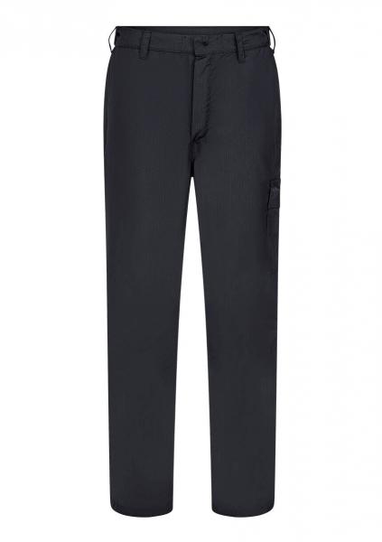 Das Bild zeigt schwarze, schlichte Stoffhosen mit geradem Schnitt. Sie haben einen elastischen Bund und seitliche Taschen, bieten einen praktischen, komfortablen Look.
