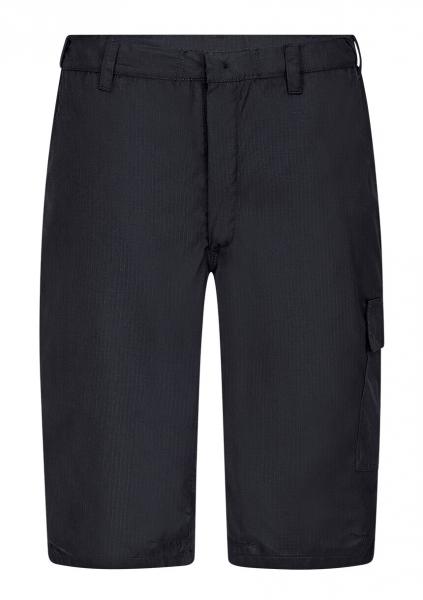 The image shows a dark, knee-length pair of pants. They have a loose fit, a waistband with belt loops, and a side pocket on the right leg. The surface appears smooth.