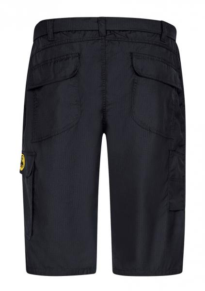The image shows a pair of black shorts from the back. They feature a simple cut and two large side pockets, as well as a smaller pocket on one leg. The fabric appears light and durable.