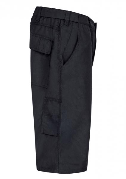 The image shows a black cargo pants with a side pocket. The pants have a loose fit and reach to the knee. They appear sturdy and versatile.