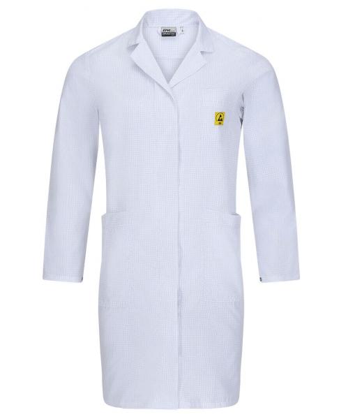 The image shows a white lab coat made of lightweight fabric. It has long sleeves, a collar, and two side pockets. There is a yellow emblem on the left chest side.