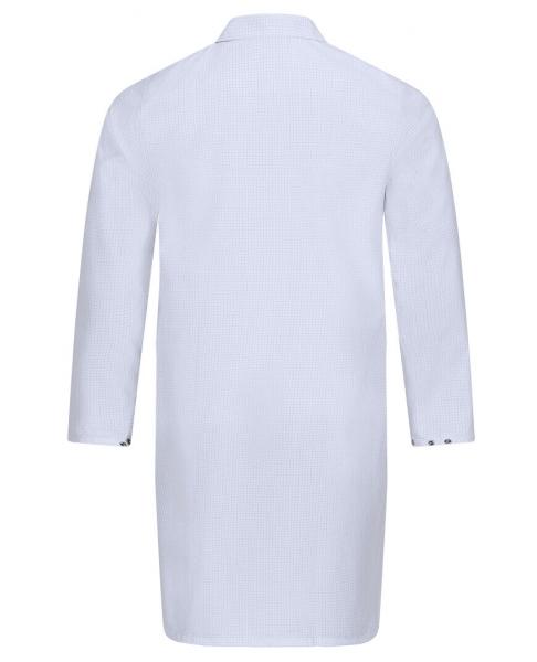 The image shows a long, light blue coat with long sleeves. The coat has a collar and three buttons at the sleeve ends. The back is plain and solid-colored.