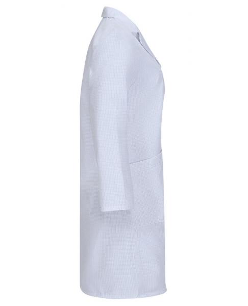 The image shows a white, fitted lab coat. It has long sleeves, a lapel collar, and a side pocket. The fabric appears light and smooth. The coat is depicted in a side view.