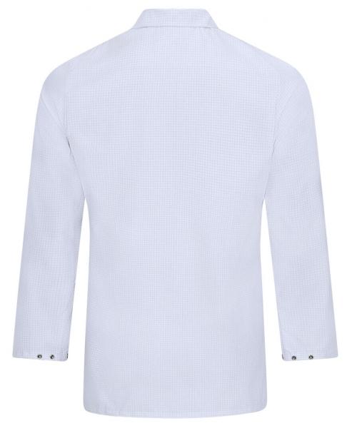 Das Bild zeigt die Rückansicht einer hellblauen Jacke mit langen Ärmeln und einem schlichten, klassischen Design. Am Ärmelsaum sind Knöpfe zu sehen, die die Jacke schmücken.
