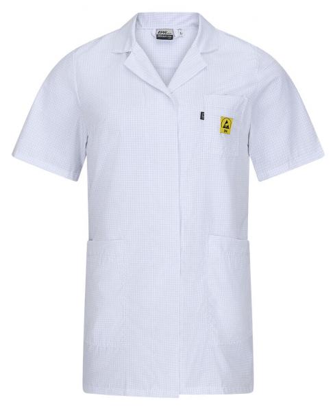 The image shows a white coat with short sleeves. It features a collar, two patch pockets, and a small yellow logo on the left chest side.