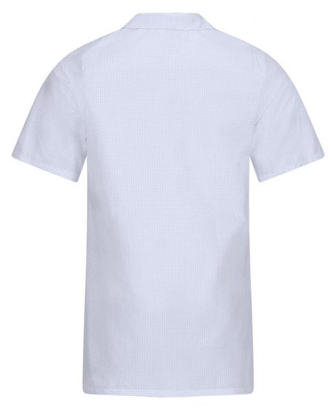 The image shows a light blue, short-sleeved shirt with a straight cut and a classic collar. It has no conspicuous patterns and looks simple.
