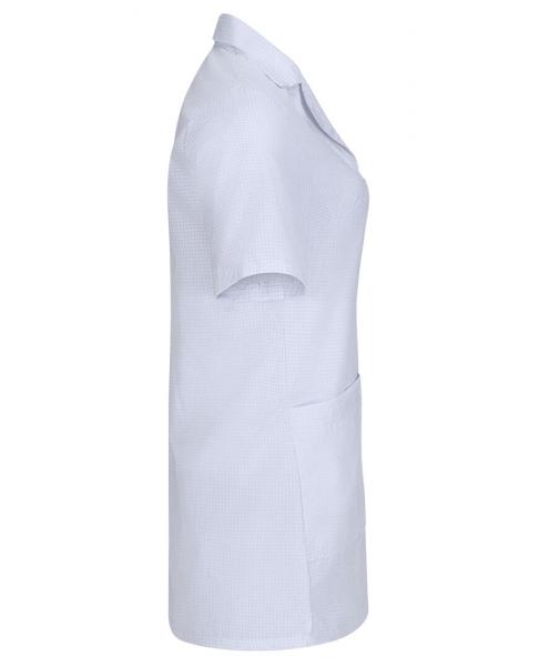The image shows a light blue, knee-length top with short sleeves. It features a classic collar and two side pockets. The tailoring is simple and professional.