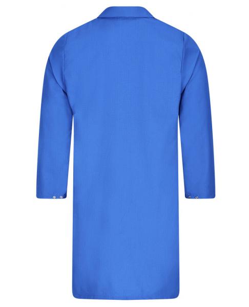 The image shows a long, blue coat with long sleeves and a collar. The coat is solid-colored and has no additional details or embellishments.